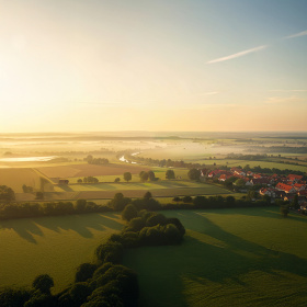 Luftaufnahme einer idyllischen Landschaft mit Feldern, Flusslauf und Dorf im warmen Morgenlicht