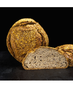 Dinkelbrot mit Roggensauerteig, Senfsaat und gerösteten Saaten, aromatisch-röstig durch spezielles Kochverfahren veredelt